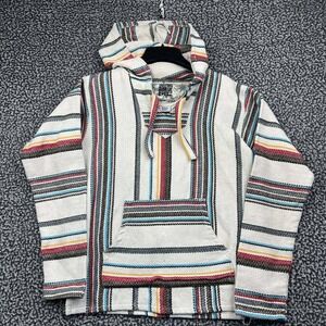 Original Senor Lopez Baja Hoodie Men Medium White Striped Poncho Pullover